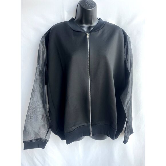 Boohoo Plus Jackets & Blazers - Boohoo NWT Black Full Zip Organza Mesh Sleeve Bomber Black Plus Size 20 Basics